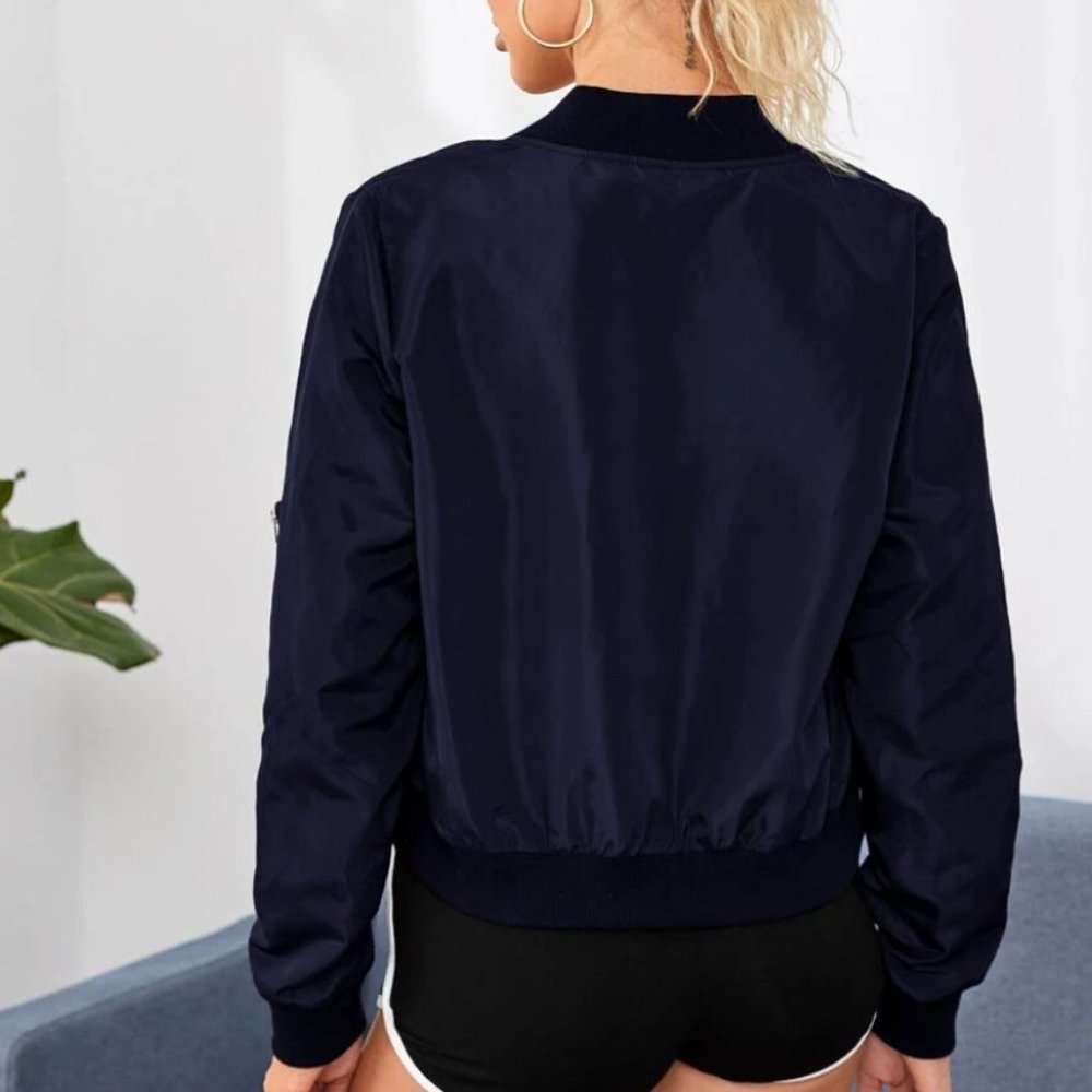 Zip up bomber jacket sporty minimalist navy blue - Picture 2 of 8